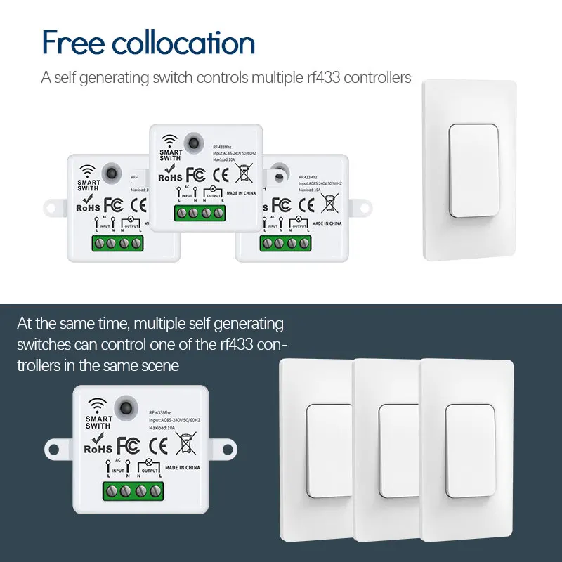 Rf433 On-off Switch Self-powered Led Flashes Portable Remote Control Smart Accessories Mini Smart Module Ac85v-240v Free Wiring