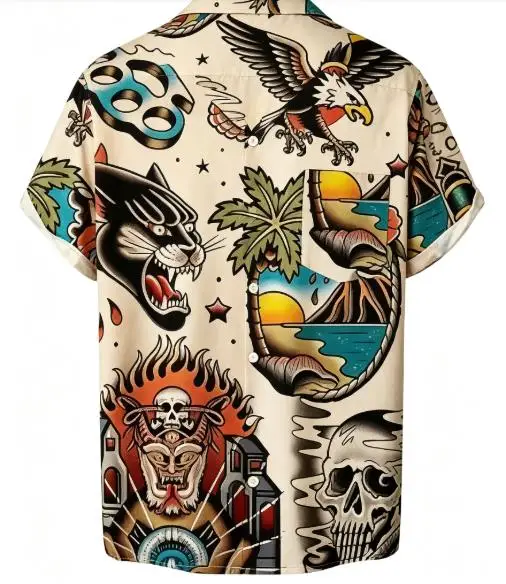 Men Vintage Tattoo Skull Panther Eagle Print Turn Down Collar Short Sleeve Shirt Beige‑Base Party Top