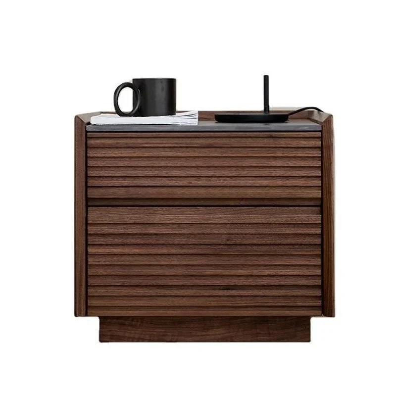 

Nordic solid wood bedside table Nordic black walnut rock slab modern simple bedroom light luxury Japanese cherry wood