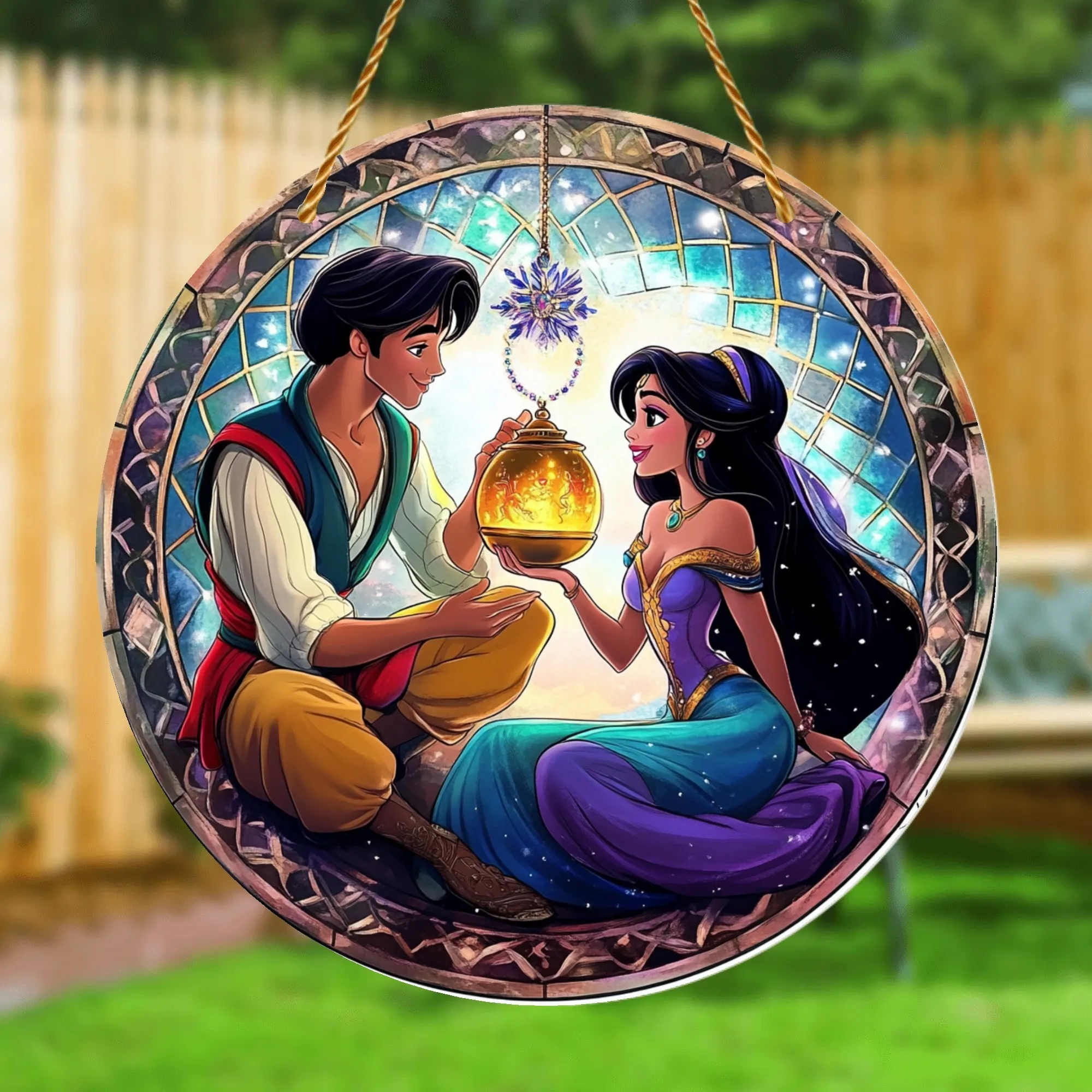 Letrero artístico de pared acrílico 2D plano, 1 unidad, Aladino y jazmín de Disney, diseño moderno de personajes de dibujos animados, No necesita electricidad, ventana Por