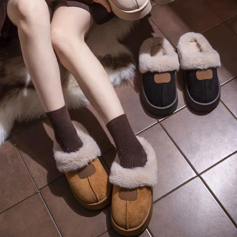 Basatu Fashion Fluffy Platform Slippers for Women Winter Plush Warm Cotton Shoes Comfort Non Slip Unisex Home Slippers
