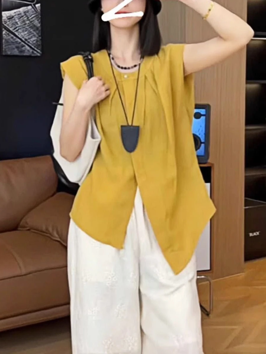 

Yellow Sleeveless Shirt Women's Summer Design Elegant Lady's Top Casual round Neck Pullover Loose Fit Fashionable Commute Style