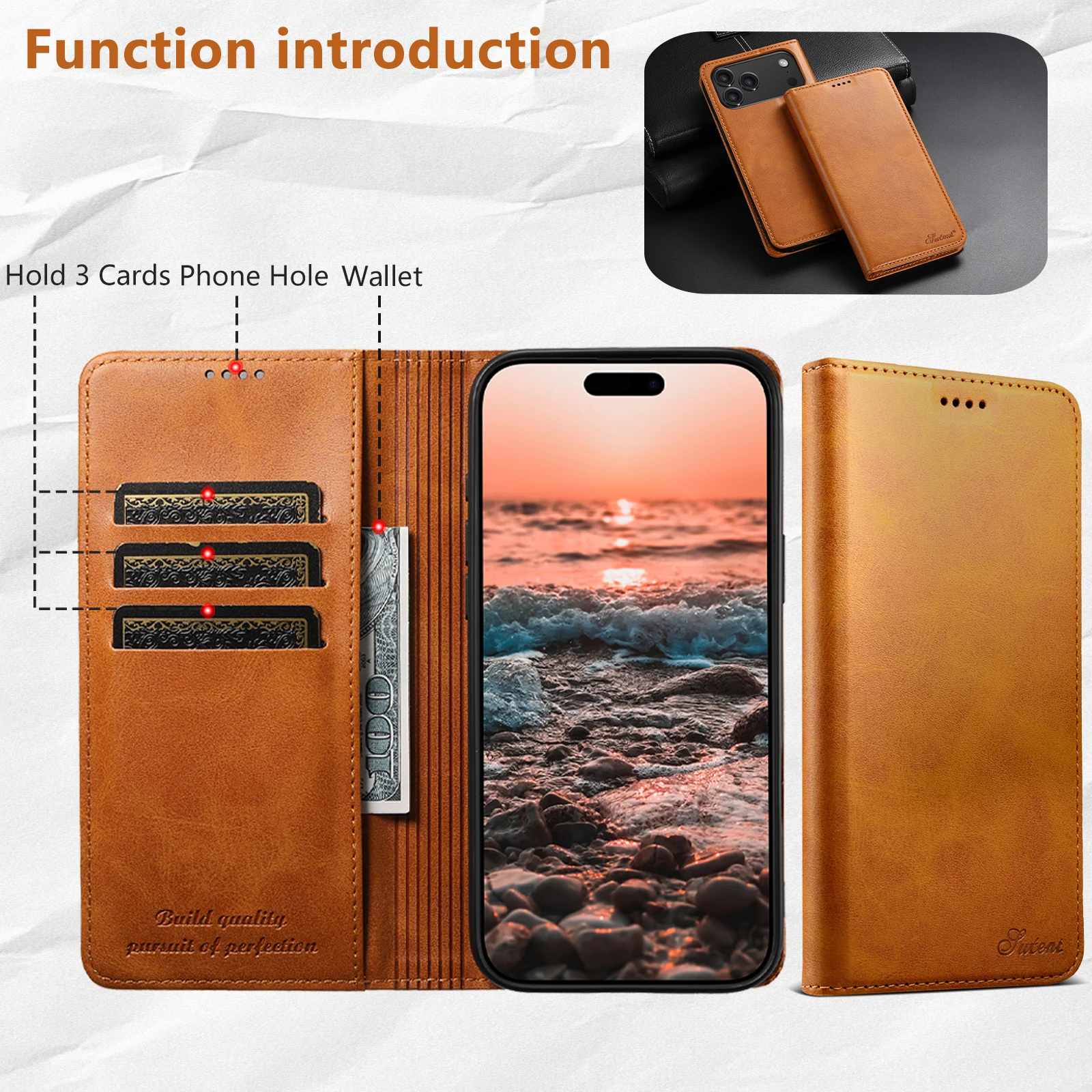 SUTENI Kunstleder-Kartenhalter-Standfunktion-Geldbörse Magnet-Flip-Cover Handyhülle für iPhone 18 Pro Max 17 16 Plus 15 Pro 14 13 12 – Detail 16