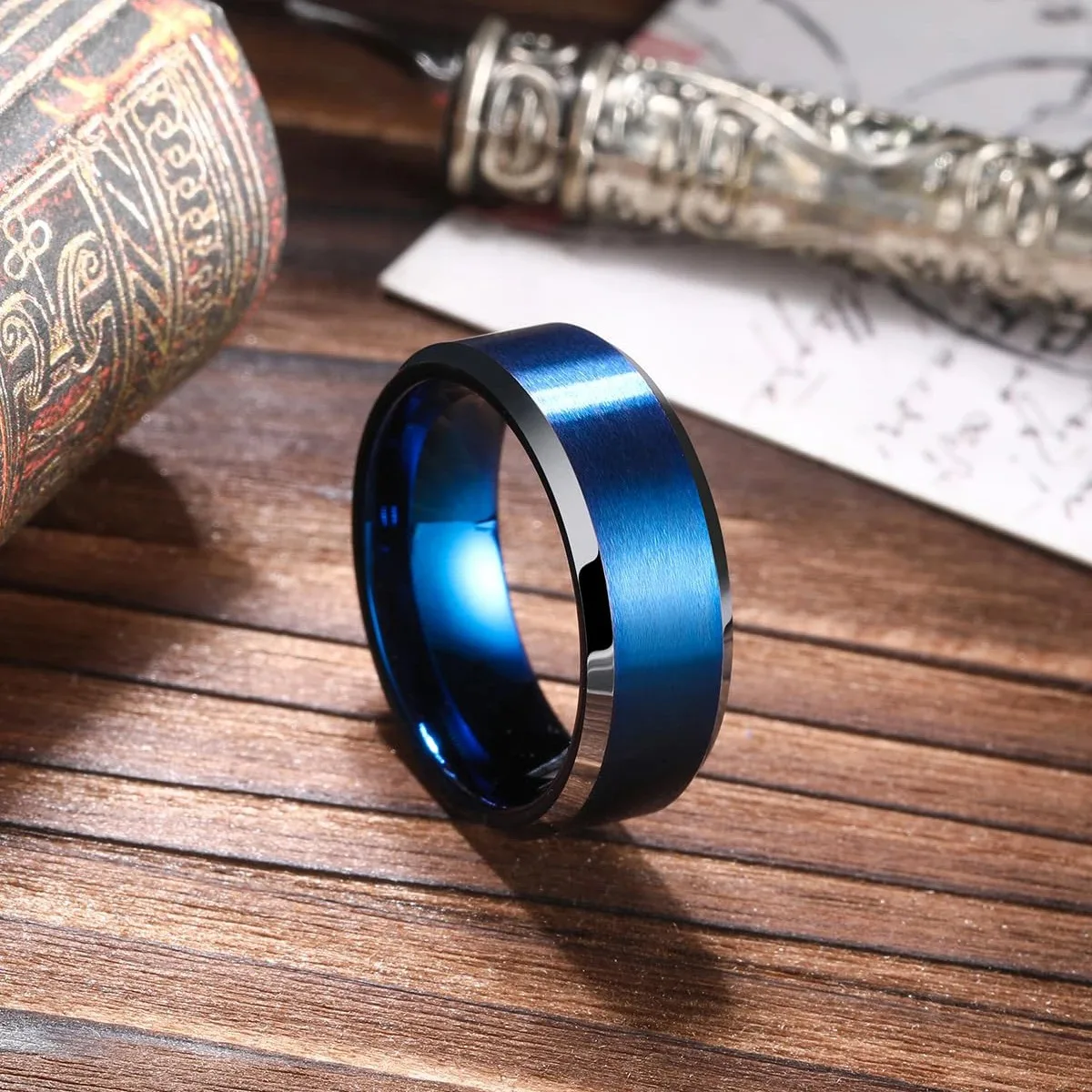 Fashion Blue Color Stainless Steel Rings For Men Blue Brushed Beveled Edge Steel Engagement Rings Men Wedding Band Jewelry Gift