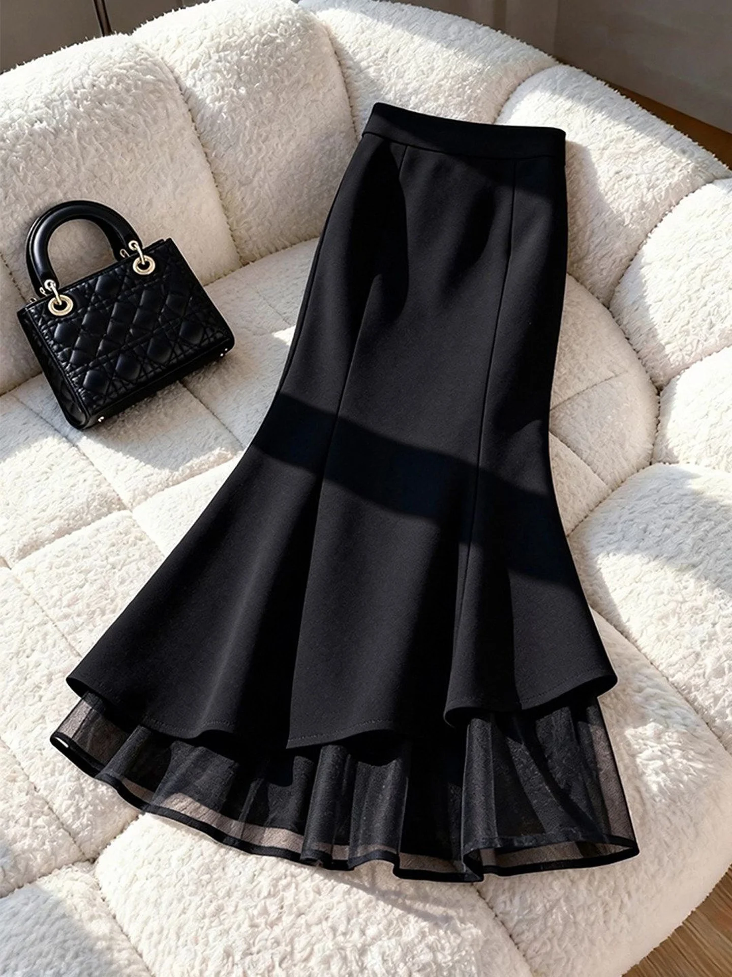 Slimming High Waist Black Fish Tail Skirt Women's A-Line Wrap Bodycon  Midi Skirt Splice Design Autumn New Arrival