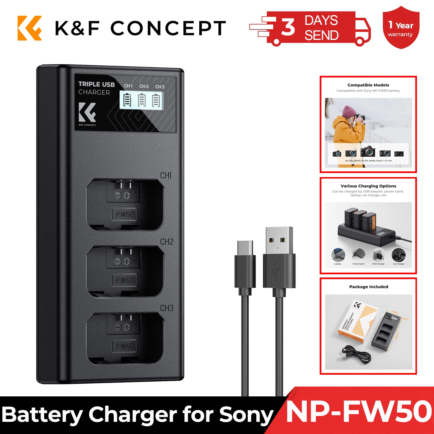 

K&F Concept NP-FW50 Charger 3-Slot ZV-E10 Battery Charger with LCD Display for Sony A6400 A6600 ZV-E10 A7 A7ii Cameras Camcorder