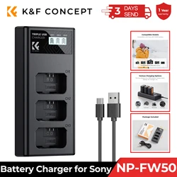 K&F CONCEPT NP-FW50 Charger 3-Slot ZV-E10 Battery Charger with LCD Display for Sony A6400 A6600 ZV-E10 A7 A7ii Cameras Camcorder