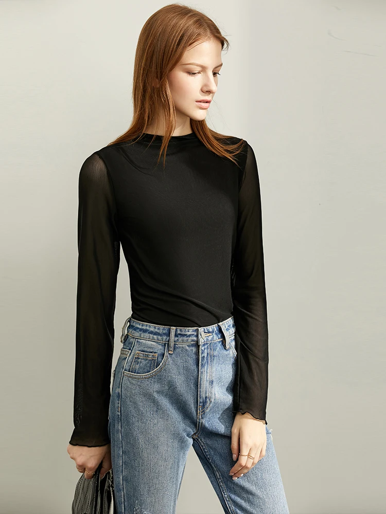 

Amii T-shirt Women's Autumn 2025 New Semi-turtleneck Long Sleeve T-shirt Slim-fitting Casual Bottoming Shirt Mesh Top 12421001
