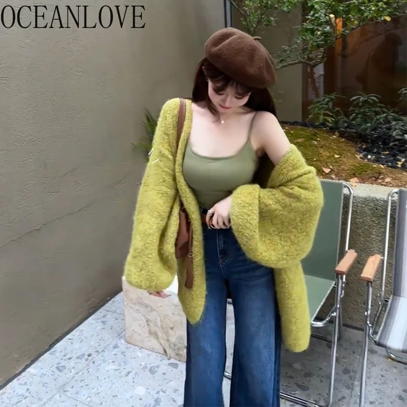 

OCEANLOVE Mohair Cardigans Solid Autumn Winter Candy Color Loose Woman Sweaters Korean Fashion Elegant Sweet Sueter Mujer