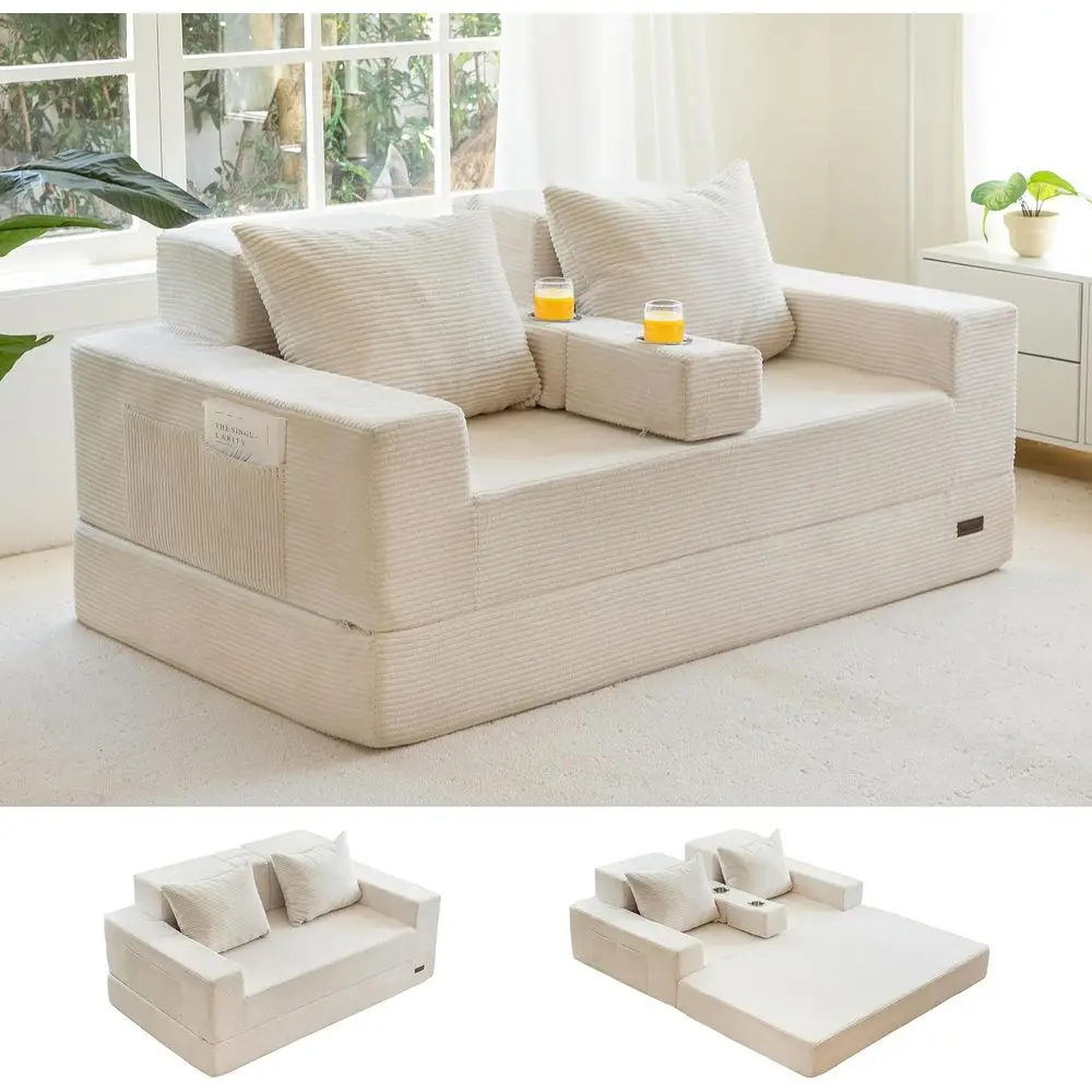 

Диван-кровать 2-в-1 с подстаканниками, 64-дюймовый бежевый диван в коробке, не требует сборки