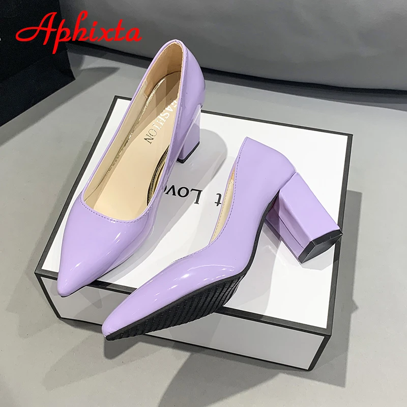 Aphixta-Pointed Toe sapatos de couro para mulheres, saltos grossos, bombas, roxo, colorido, plus size 50, novo, 2.9\