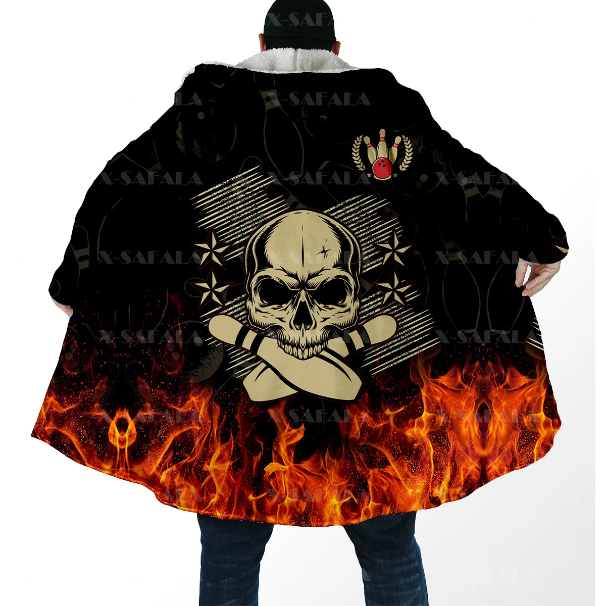 Bowling Lover Gift Skull Fire Ball Bowler Sports Thick Warm Hooded Cloak Men Overcoat Coat Windproof Fleece Cape Robe Blanket-11