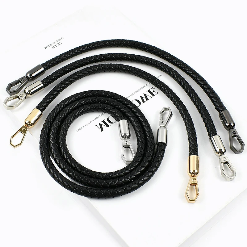 1/2Pcs 30-120cm Black PU Leather Bag Round Rope Handbag Handle Metal Buckle Chain Woven-bag Shoulder Strap Replace Accessories