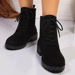 Lucyever Jesienne czarne botki na niskim obcasie dla kobiet Flock Lace Up Platform Short Booties Woman Comfort Plus Size Boots Female