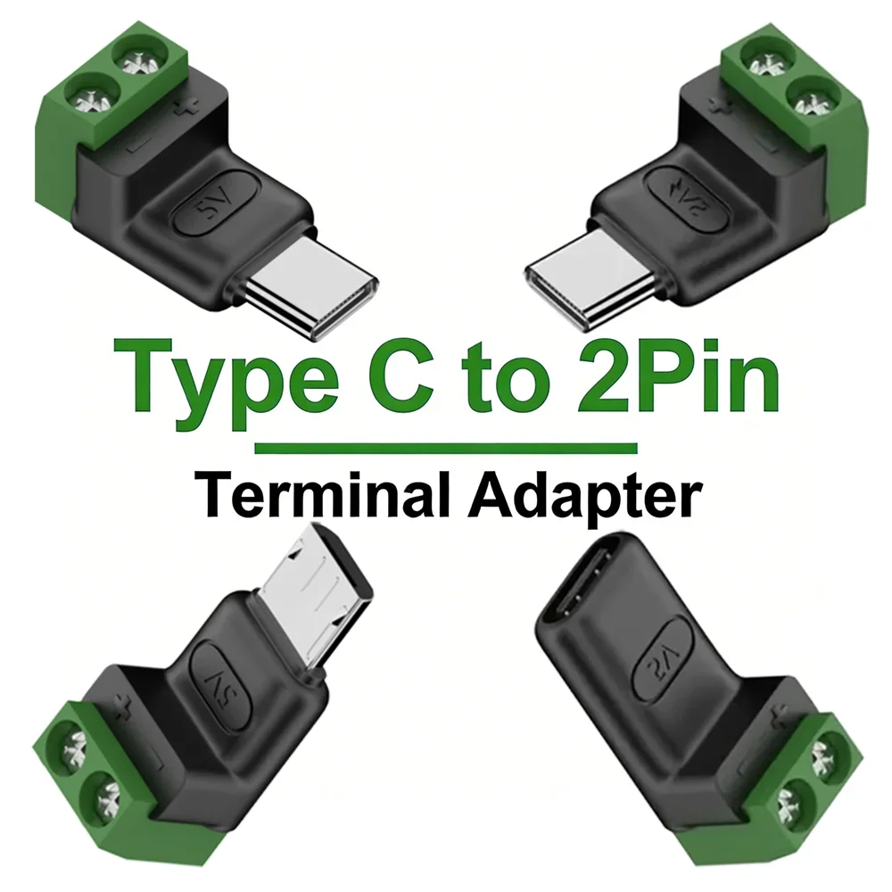 Solderless Plug USB C to 2Pin Terminal Adapter Screw Type-C to 2 Pin Crimp Terminal Block 5V Charging Conversion