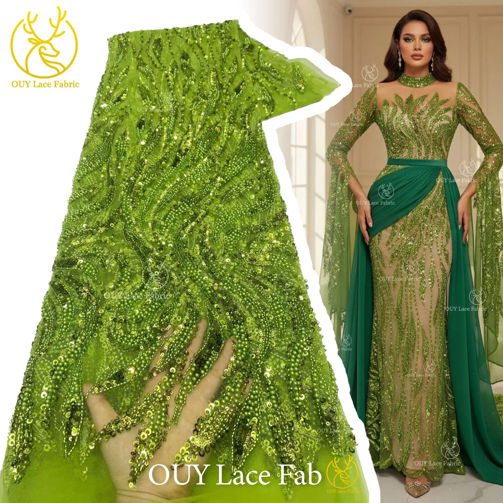

Green African Beaded Sequins Lace Fabric Hot Sale Nigeria French Groom Embroidery Mesh Tulle Lace For Women Wedding Dress Party
