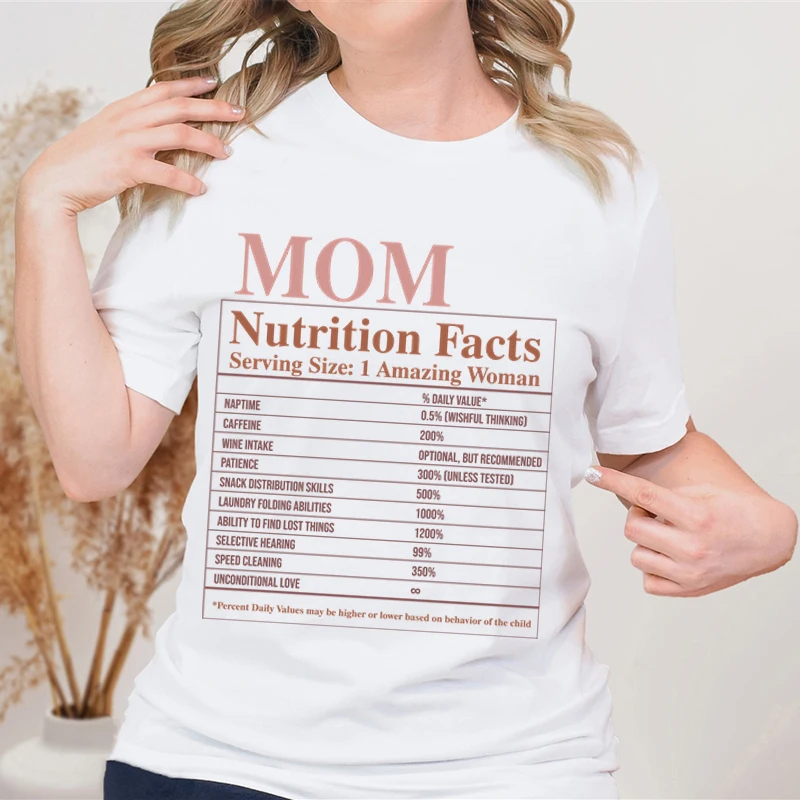 

Mom Nutrition Facts Letter Print T Shirts Casual Short Sleeve Women Streetwear Mom Life Shirt Gift for Mother's Day Presents