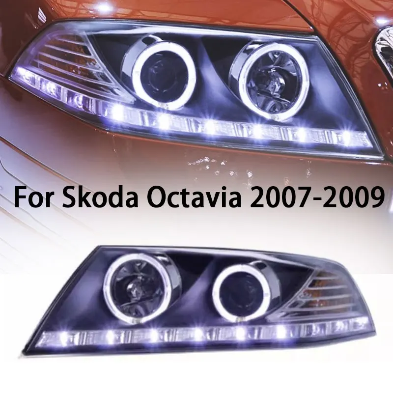 Car Headlights For Skoda Octavia 2007-2009 Head Lights LED Daytime Running Light Dynamic LED angel eye dual lens xenon lamp