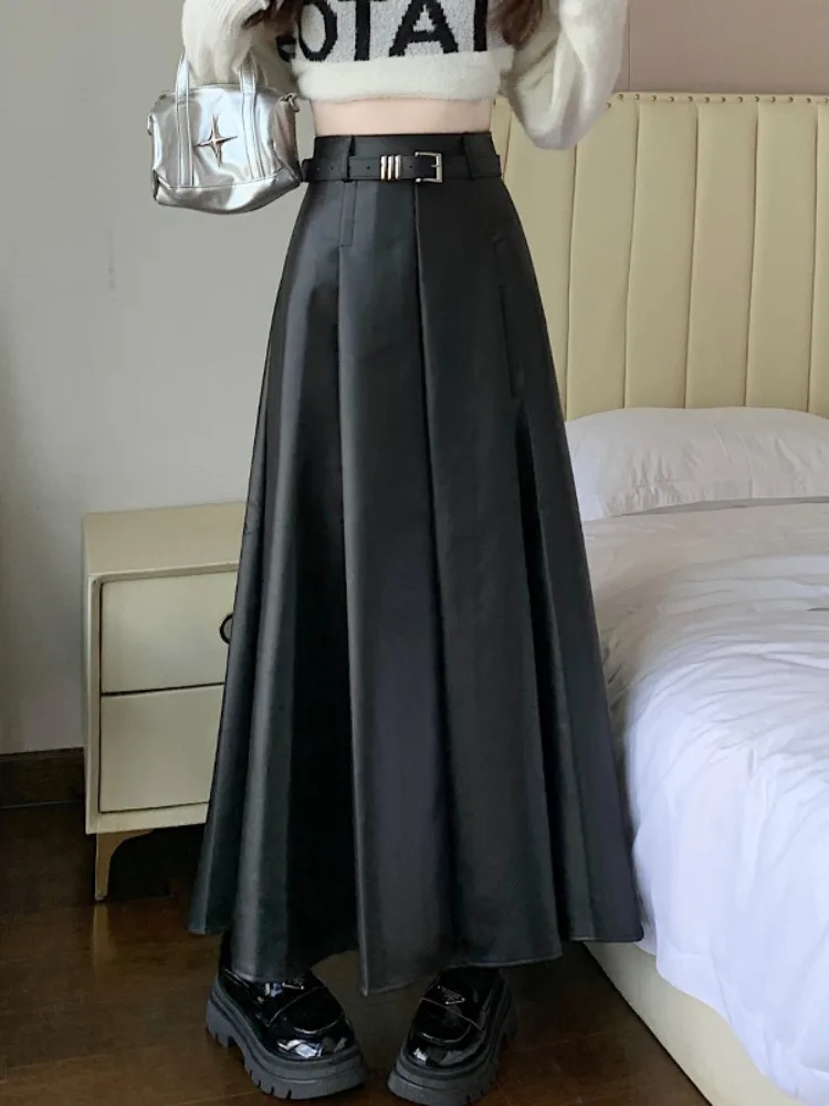 กระโปรงหนัง PU เอวสูงทรงเอ ยาวระดับกลาง สำหรับผู้หญิง สไตล์เกาหลี เหมาะสำหรับใส่ไปทำงาน ฤดูใบไม้ผลิ