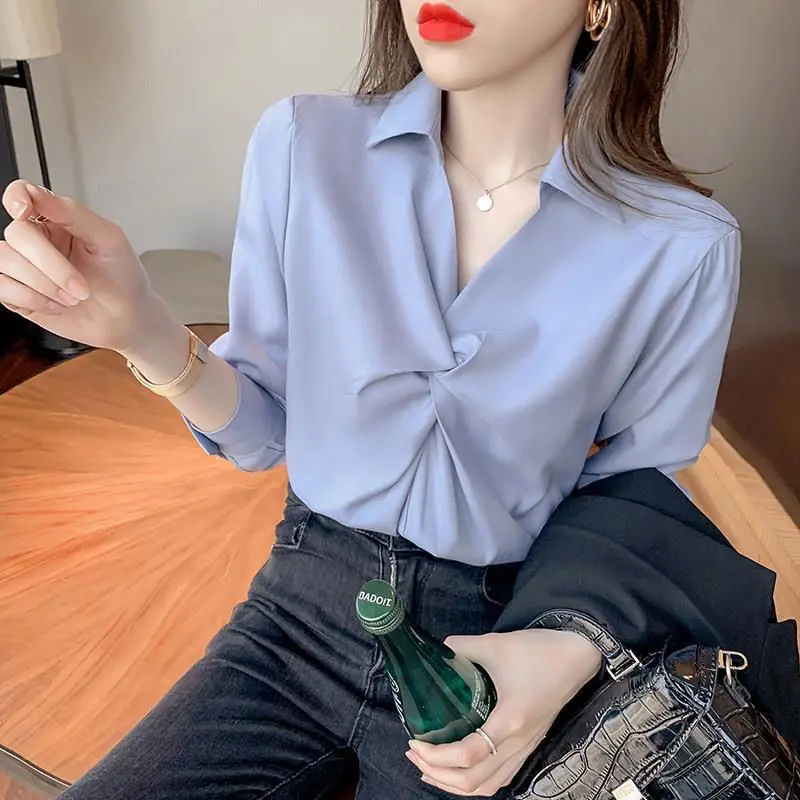 Korean Chiffon Pleated Shirt Tops Spring New Long Sleeve Polo Neck Loose Solid Color Fashion Blouse Vintage Office Women Clothes