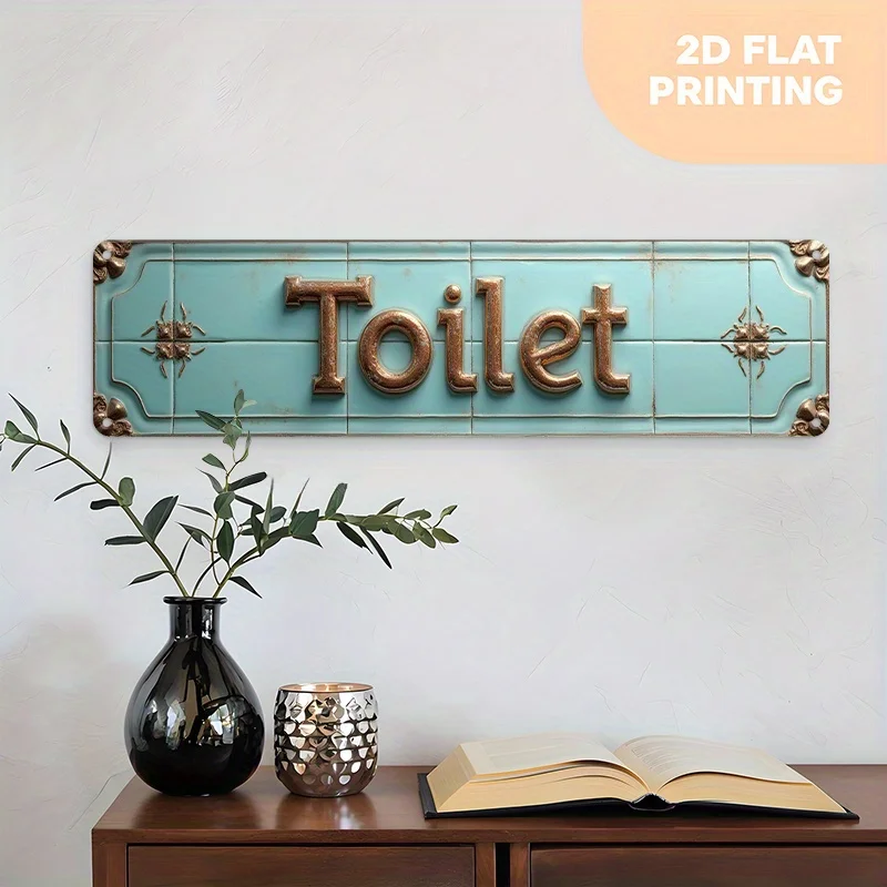 2D Flat, Vintage „Toilette/Badezimmer“-Schild – Rustikales Aluminium-Wandschild mit verziertem Rand und Toilettentext, langlebig für den Innen- und Außenbereich