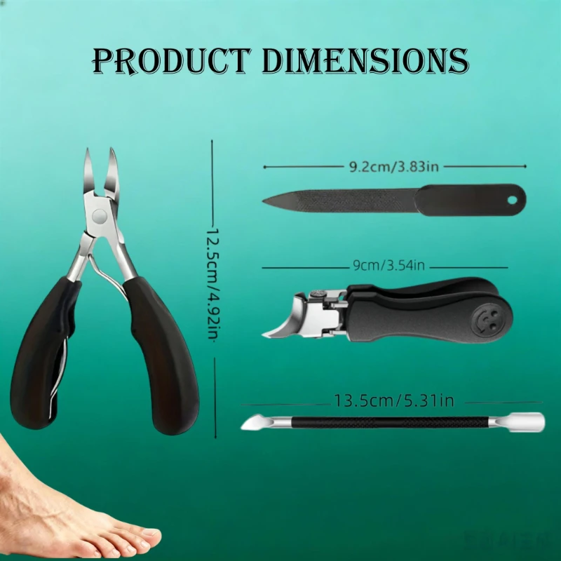 4Pcs Ingrown Toenail Clipper Set, Heavy‑Duty Toe Nail Cutter Cuticle Pusher Nail File, Stainless Steel Foot Care Pedicure Tools