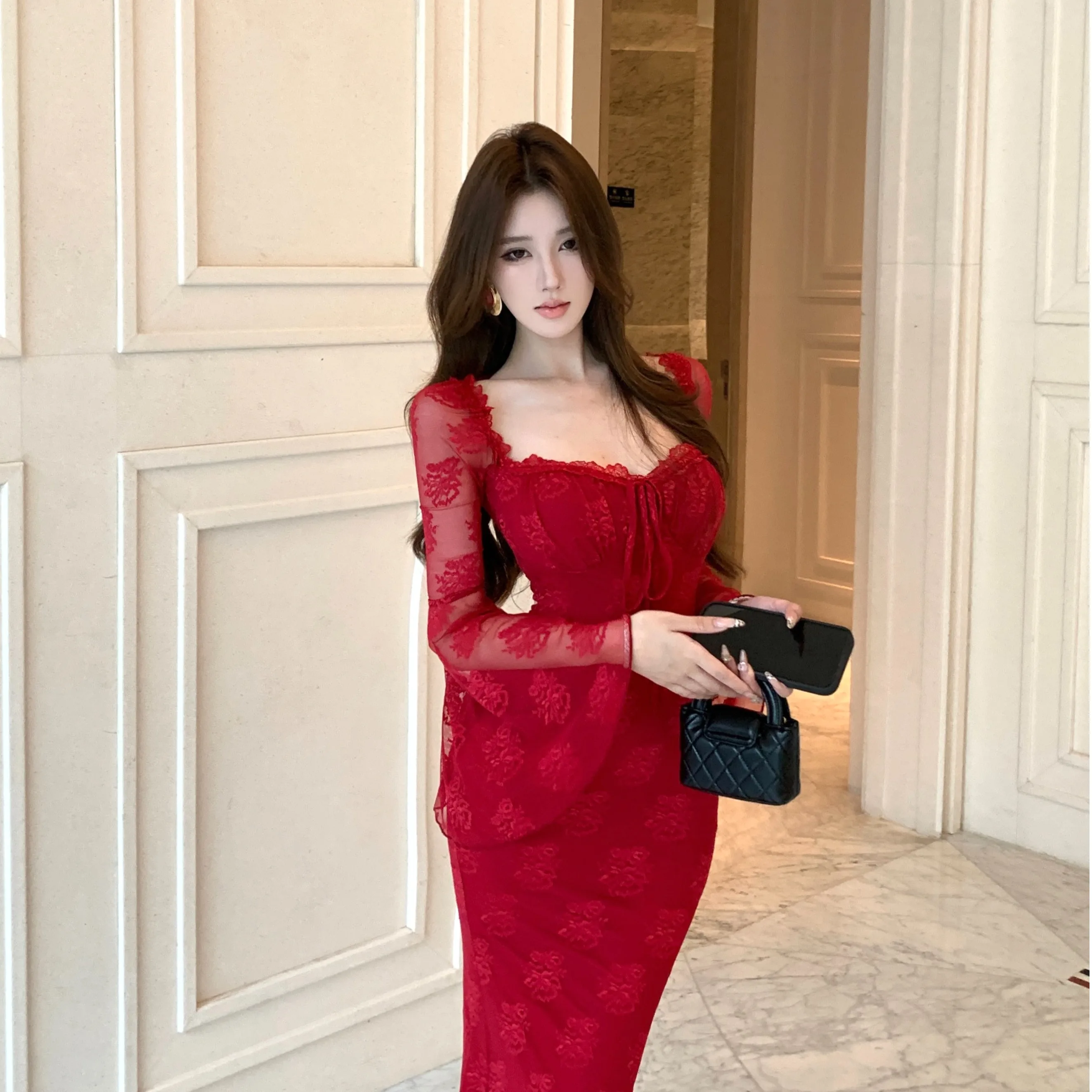 

Autumn Winter Lace Trim Slim Fit Sexy Bell Sve Square Collar Bodycon Dr Women's Pure Desire High Waist Long Sve Midi...