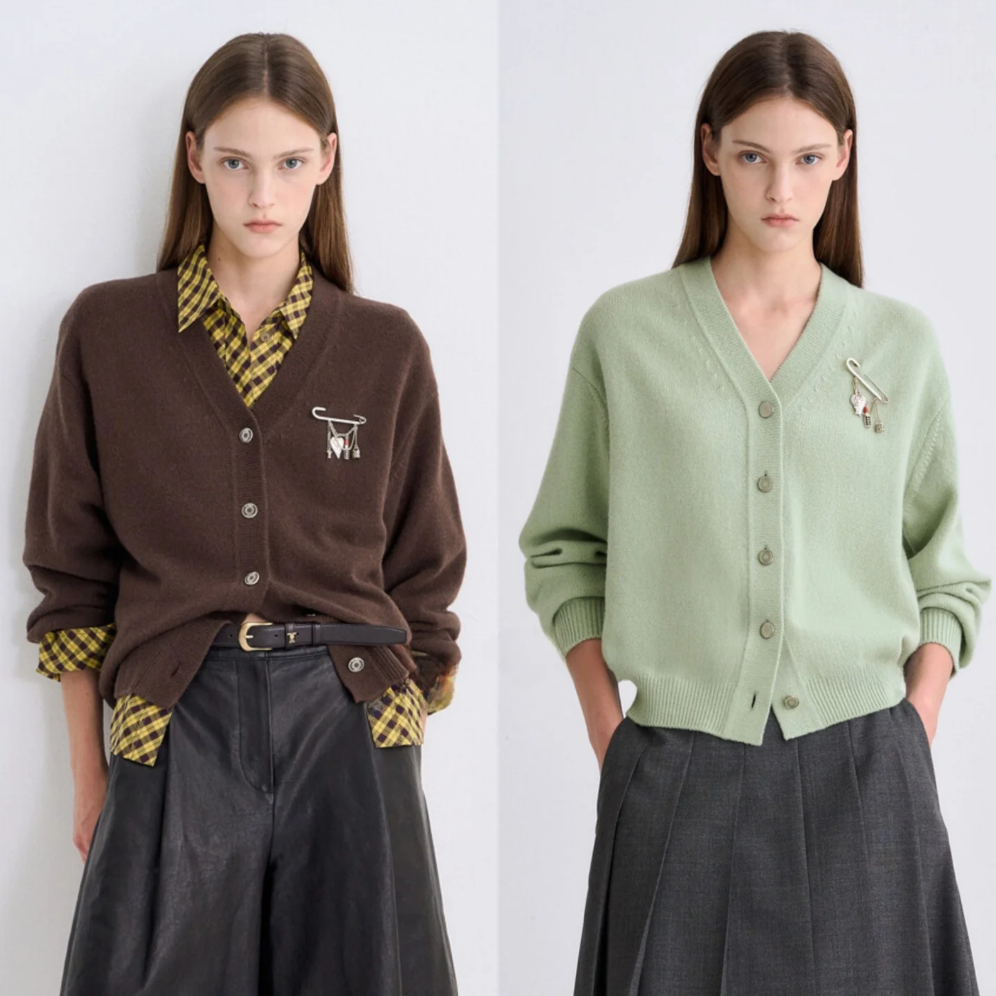 

Ele Pure Wool V-Ne Open Cardigan Knitted Sweater with Detachable Button Korean Sle Commute Faion Women's Top