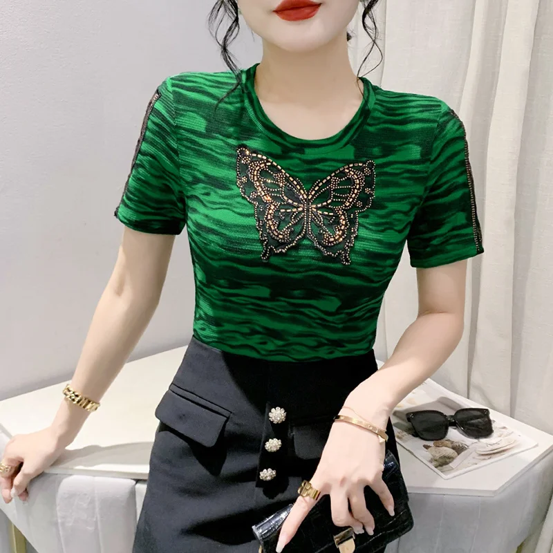 #5417 Summer Short Sleeve T Shirt Women Butterfly Diamonds Sexy Skinny Tshirt Spliced Mesh Short Sleeve Office T-Shirt Vintage