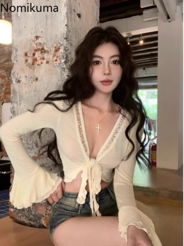 Deep V-neck Flare Sleeve Blouse Women\'s Clothing Bandage Tunic Sexy Crop Tops 2024 Camisas De Mujer Fashion Sweet Summer Shirts