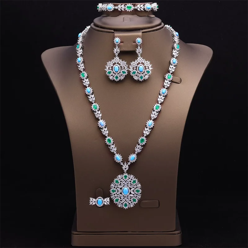 Turquoise Luxury African Jewelry Set Women Wedding Party Zircon Crystal Necklace Bracelet Earrings Ring Dubai Bridal Jewelry Set