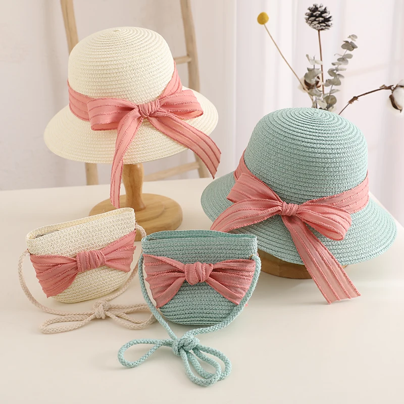 Kids Girls Straw Hat Handbag Set Wide Brim Lace Bow Sun Protection Cap  Summer Beach Bucket Cap Portable Handbag панама Gorras