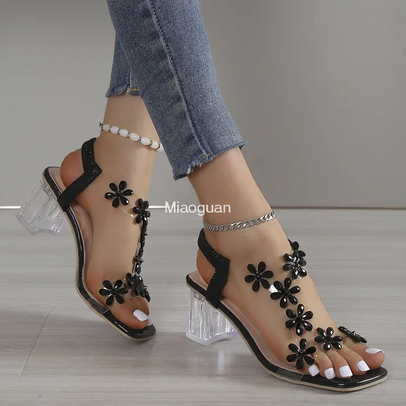 Transparent Square Heel Sandals for Woman Luxury Flash Drill Summer High Heels Fashion Women\'s Shoes Low Heels Sandalias Size 43