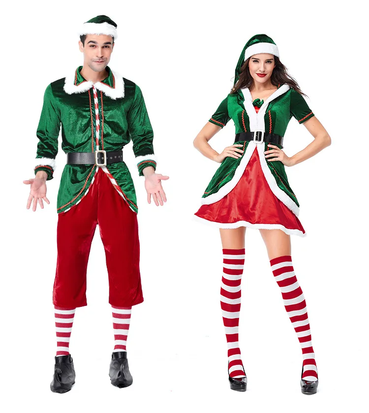 Fantasia de Papai Noel deluxe para homens e mulheres, elfo verde, vestido extravagante, festa de Natal, casal Cosplay