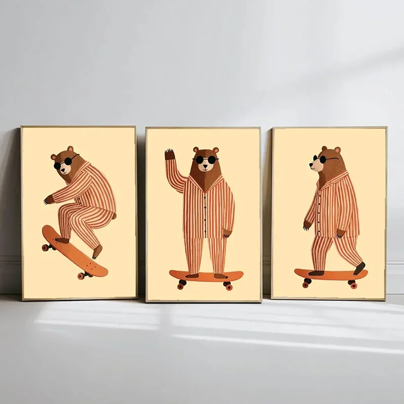 Multiple sizes 3pcs frameless Canvas Painting 3PCS Skateboarding Bear Wall Art  Playfu Nursery Animal Poster  Green And Beige Re