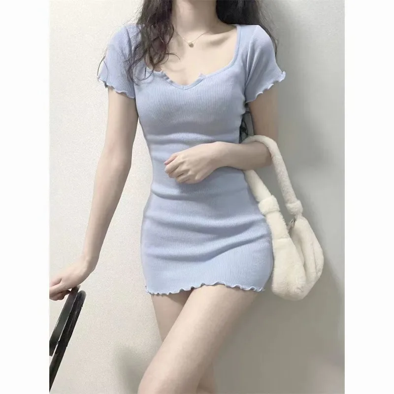 Slim Hip-บรรจุชุดสตรี V คอเซ็กซี่สาวร้อนสไตล์ไม้หูเสื้อยืดชุด A-Line รอบเอวสูงสบายๆชุดมินิฤดูร้อน