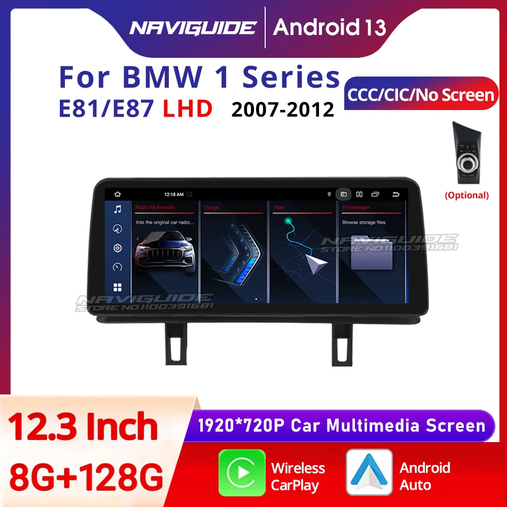 NAVIGUIDE 12.3'' Android13 For BMW 1 Series E81 E82 E87 CCC / CIC / No Screen LHD Car CarPlay Auto Multimedia Player BT 4G Navi