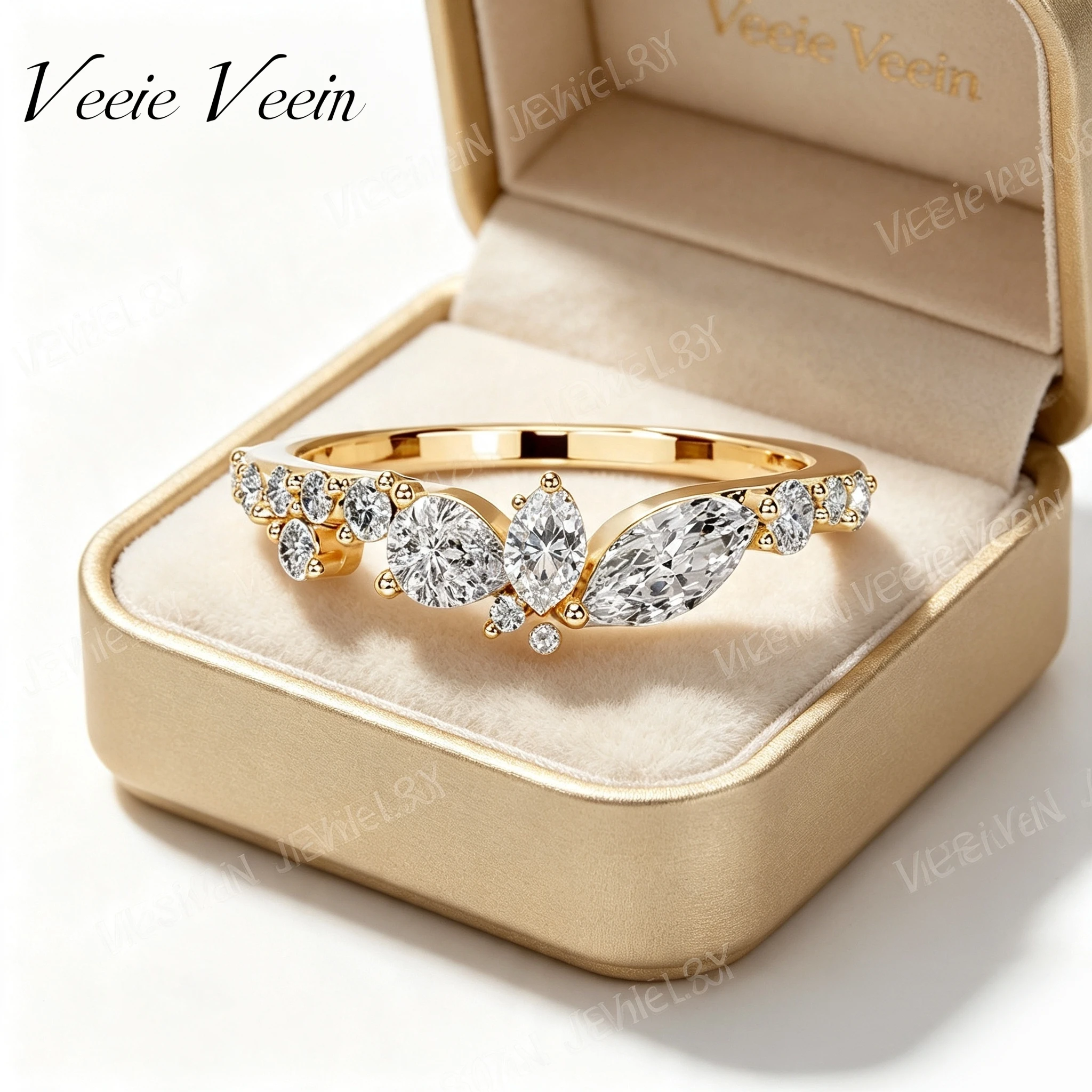 Veeie Veein Jewelry Women'S Stackable V-Shaped Bar Ring, S925 Sterling Silver Gold-Plated With Moissanite Inlay Luxury Brand