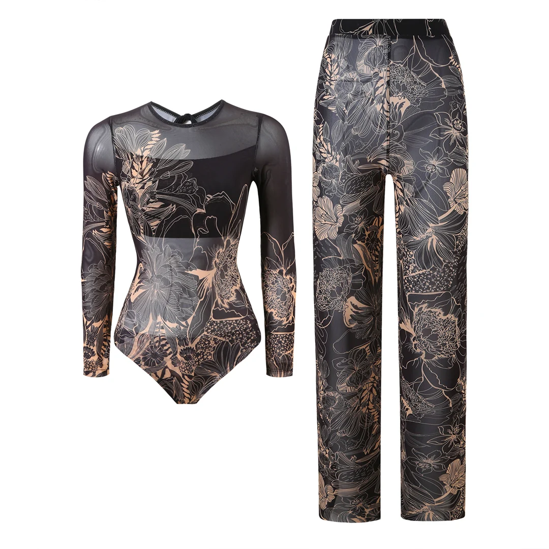 S - XXL Neuer bedruckter Badeanzug mit langen Ärmeln und Hose, einteiliger Damen-Badeanzug, floraler, gepolsterter Badeanzug, Badebekleidung, Modell V7176 – Detail 23