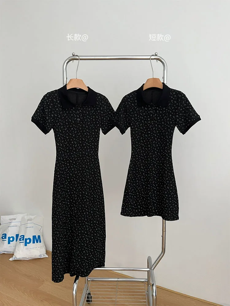 Korean New Design Polo Collar Slim Single Breasted Print Floral Dress Summer Women Sweet Sexy One-Piece Frocks 2000s Aesthetic