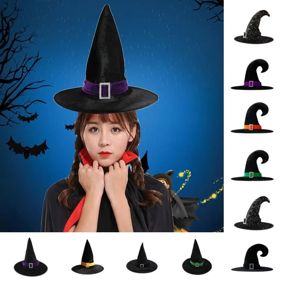 

Portable Velvet Halloween Witch Wizard Hat Bending Angle Gilding Halloween Hat Satin Ribbon Costume Props Devil Cap Night Club