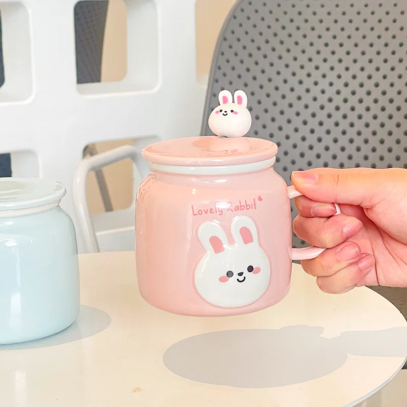 Cute Bunny Ceramic Cup with Lid and Spoon Big Capacity Creative Coffee Mug Office Milk Mug Ceramic Crafts Kitchen Drinkware