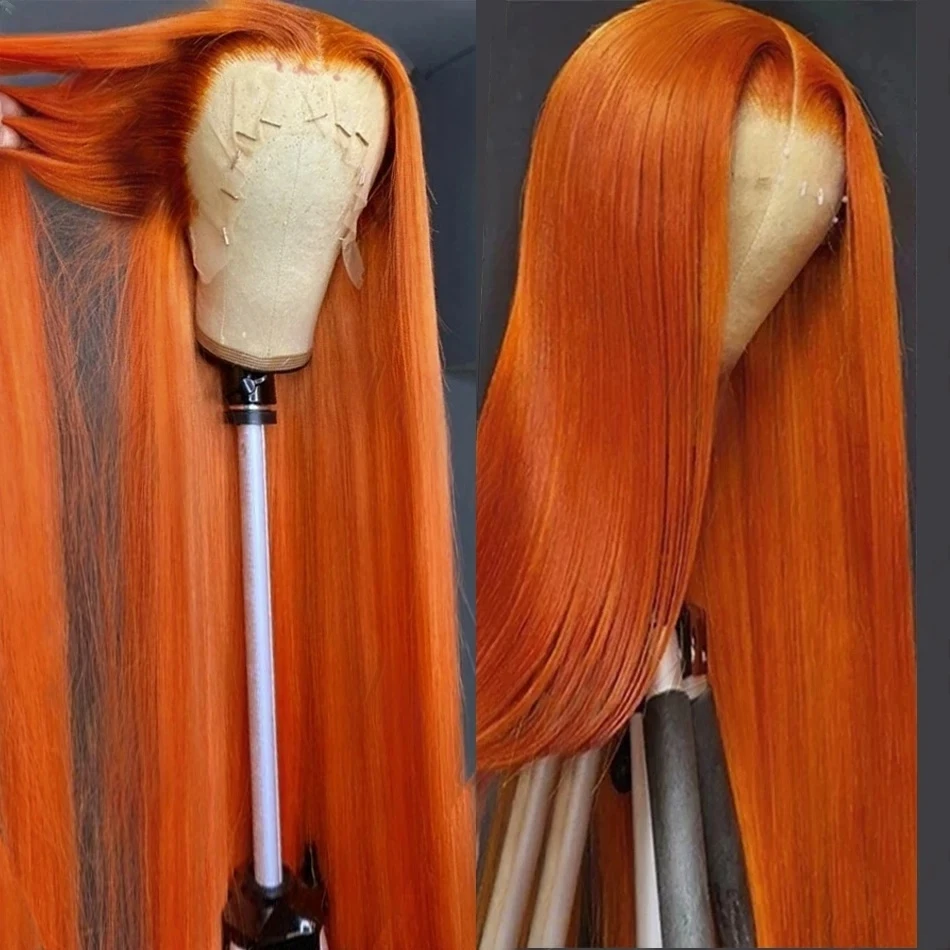 

40 Inches Straight Ginger Orange Human Hair Wig Lace Front 13x6 13x4 HD Frontal Colored Wigs Preplucked For Women 250 Density