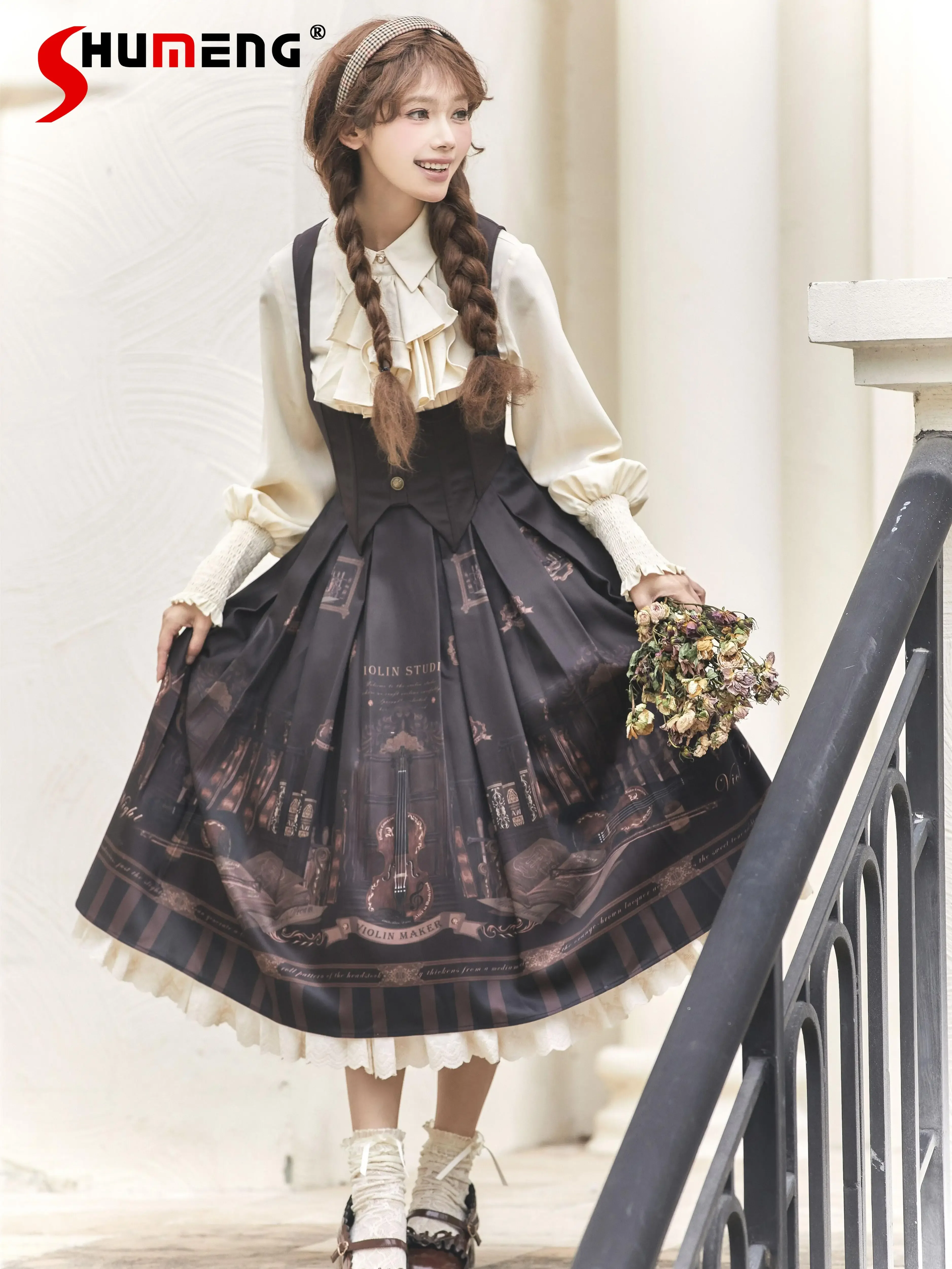 Original Vintage Lolita Dress Womens Autumn High Waist Slim-Fit Printing Long Sleeve Knee-Length Op Tea Party Princess Dress Jsk