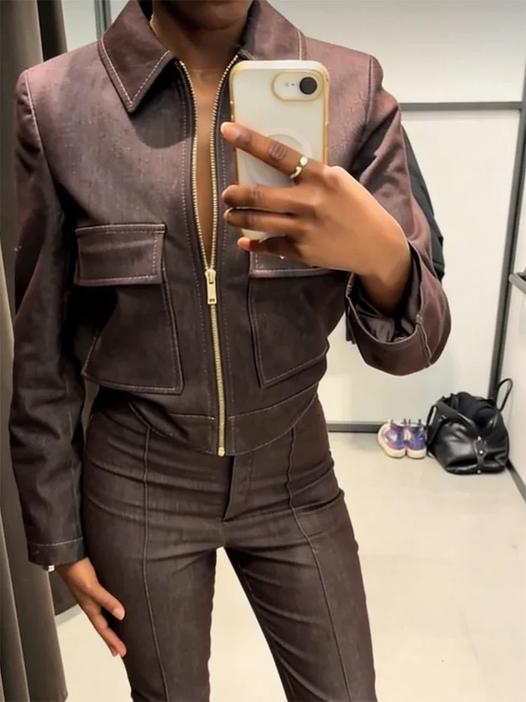 

Casual Short Quilted Coat Women Chic Lapel Full Sleeve Zipper Pocket Slim Cropped Jacket Spring Lady Daily Street Clothes 2026