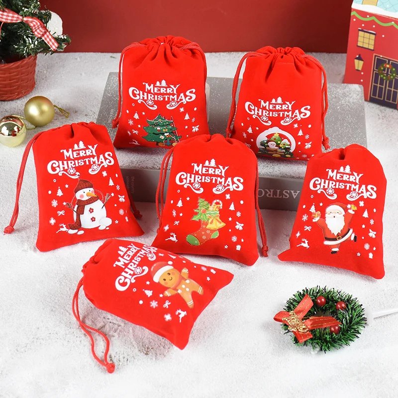 

Christmas Drawstring Gift Bag Candy Biscuit Packaging Bag Christmas New Year Party Decor 9x12cm Red Velvet Jewelry Storage Bag