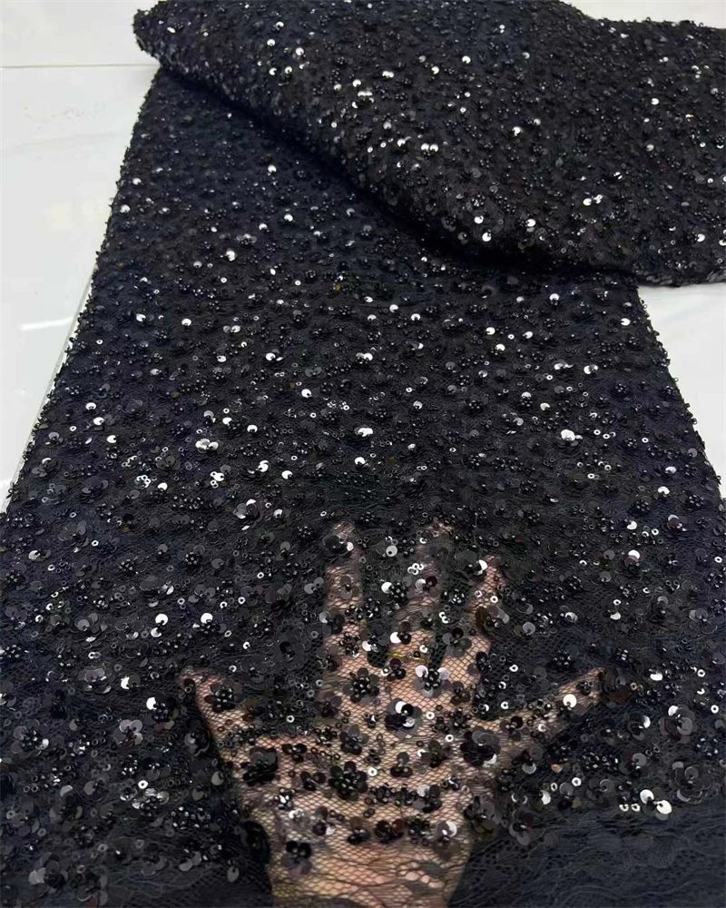 

High Quality Africa Lace Fabric Handmade Embroidery Beaded Net with Shining Sequins for Party Wedding Dresses