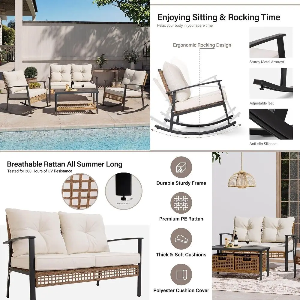 

5 Piece Patio Furniture Sets, Outdoor Patio Set Sectional Sofa, AllWeather PE Rattan Outdoor Couch with Ottoman, Glass Table fo