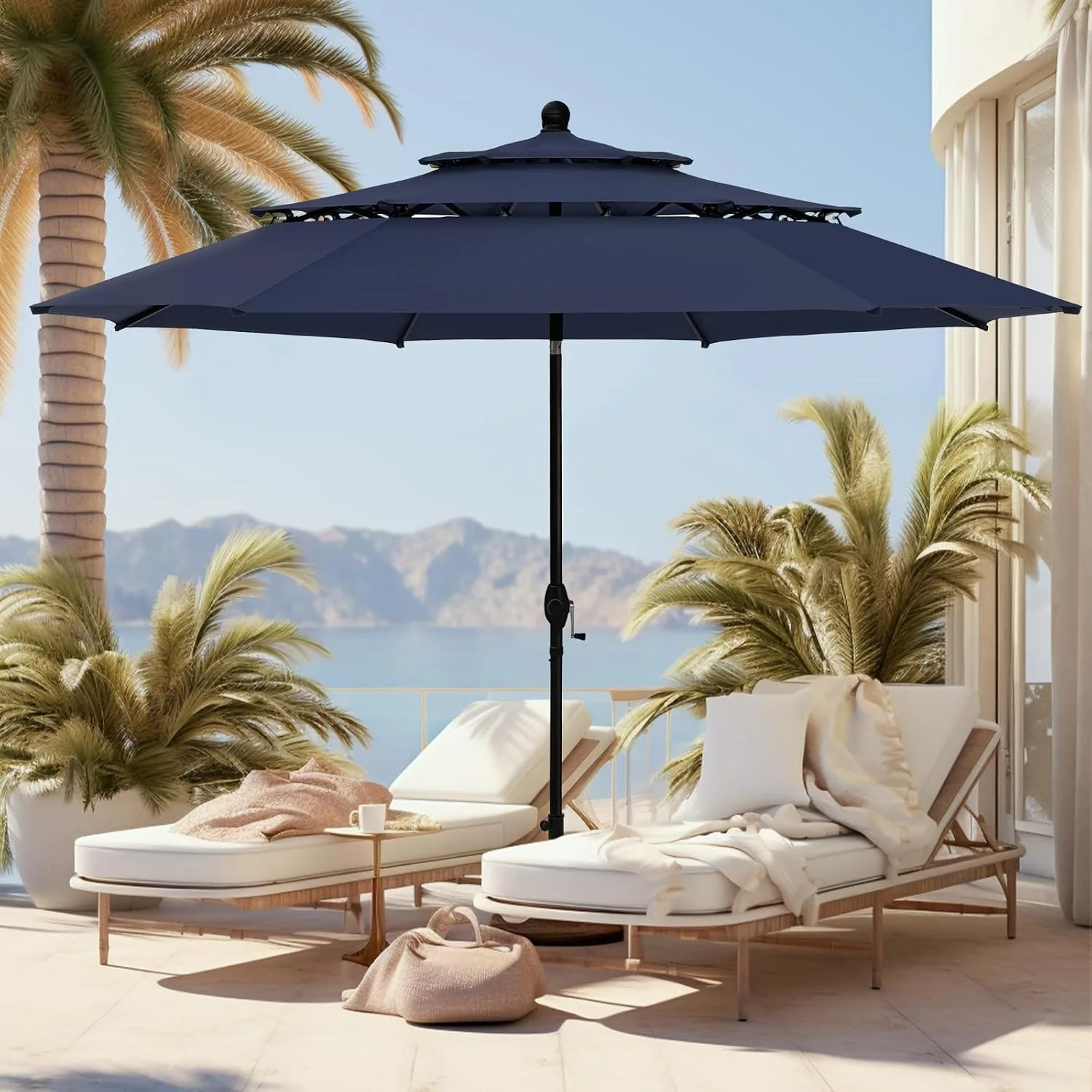 10ft 3 Tiers Auto Tilting Table Market Patio Umbrella 1.5 Inch Pole 8 Sturdy Ribs For Outdoor, Customized