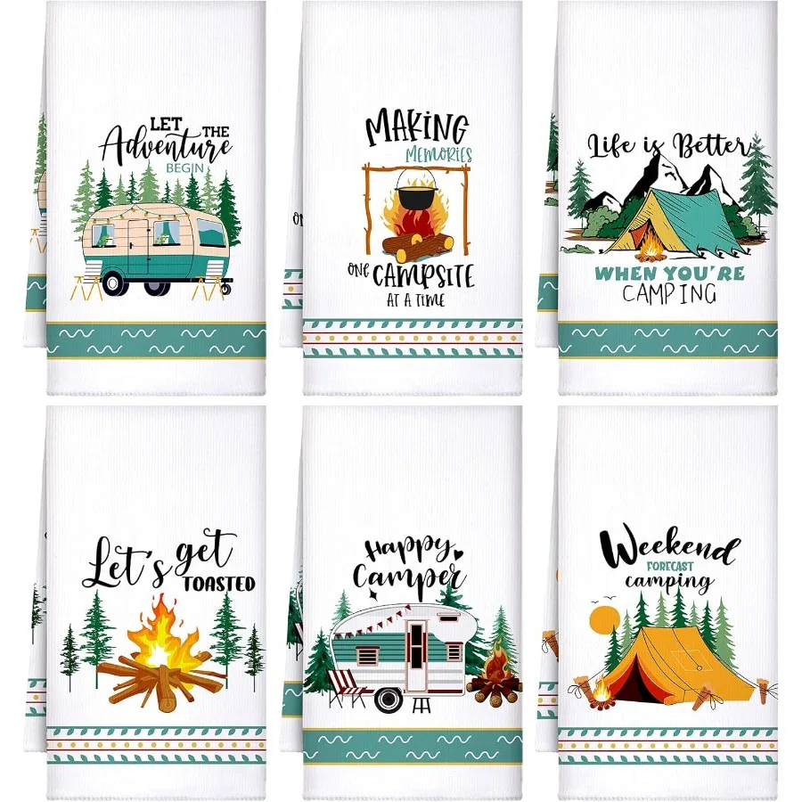 

Набор из 6 кухонных полотенец для кемпинга, белая впитывающая тряпка для мытья посуды, палатка для костра, автомобильные чайные полотенца 24 x 16 Ihes с забавными высказываниями, новинка G